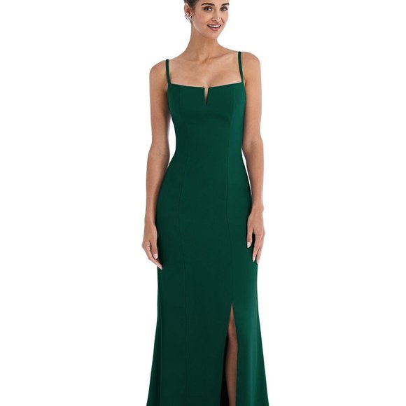 Dessy TH049...Notch Crepe Trumpet Gown with Front Slit...Hunter...Size 8....NWT - Picture 1 of 7